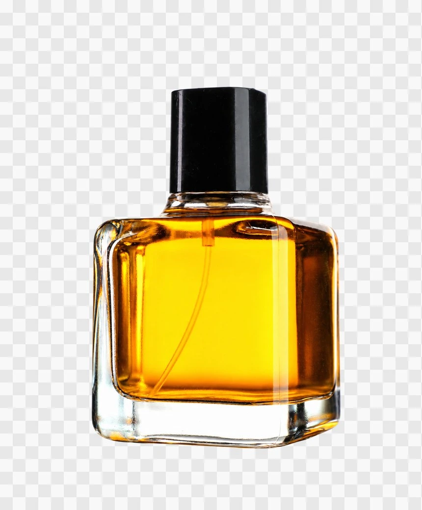 Perfume bottle with amber liquid cut out on a transparent background