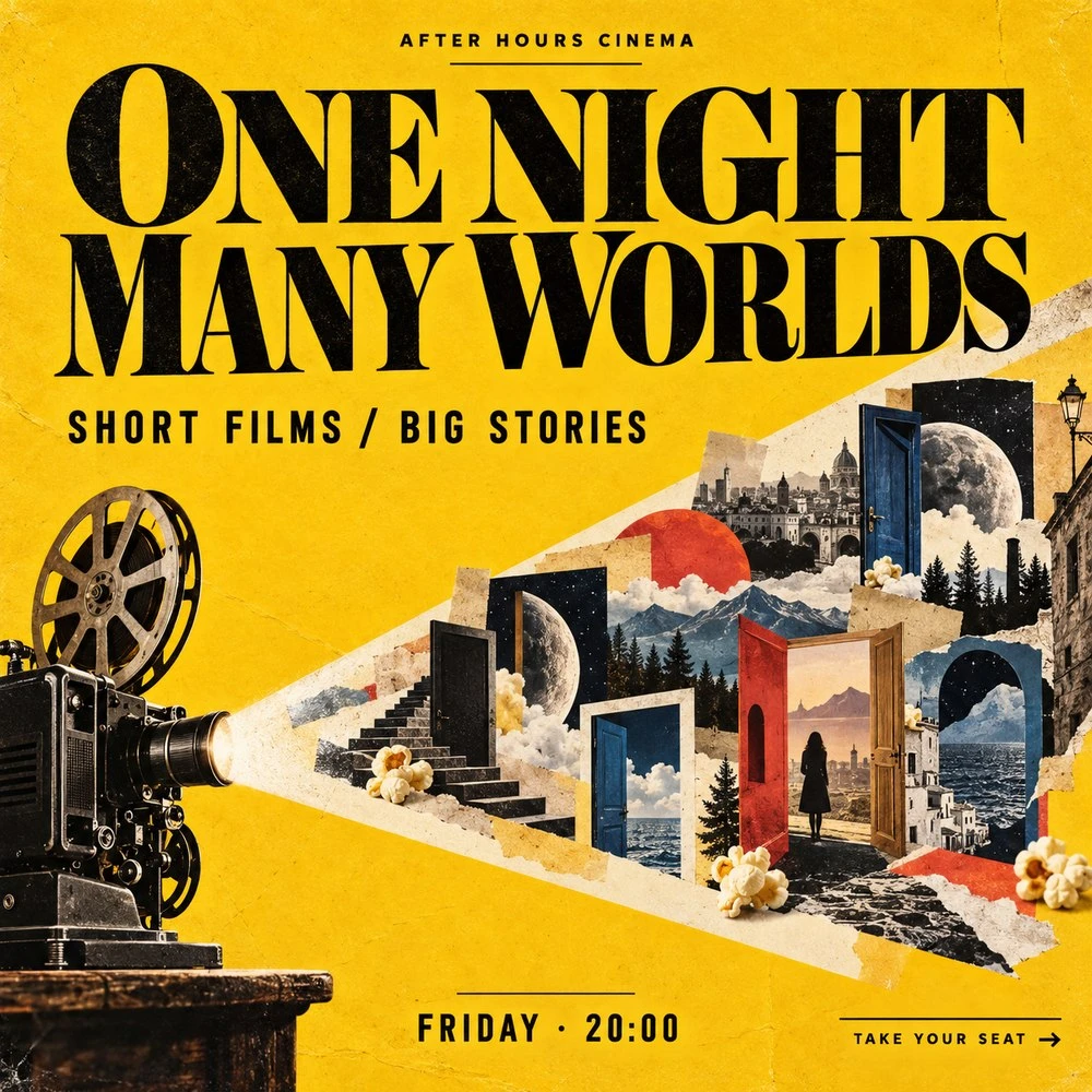 Square poster for a short film night: yellow background, projector and collage of doors, headline One night, many worlds