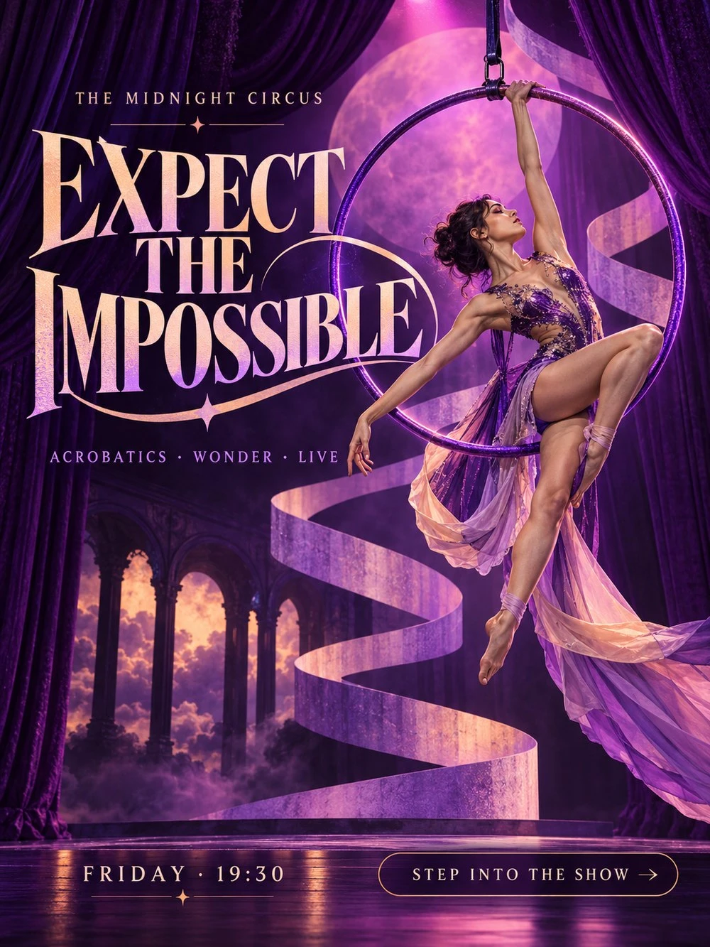 Poster for a night circus: aerialist on a hoop in a purple theatre, headline Expect the impossible