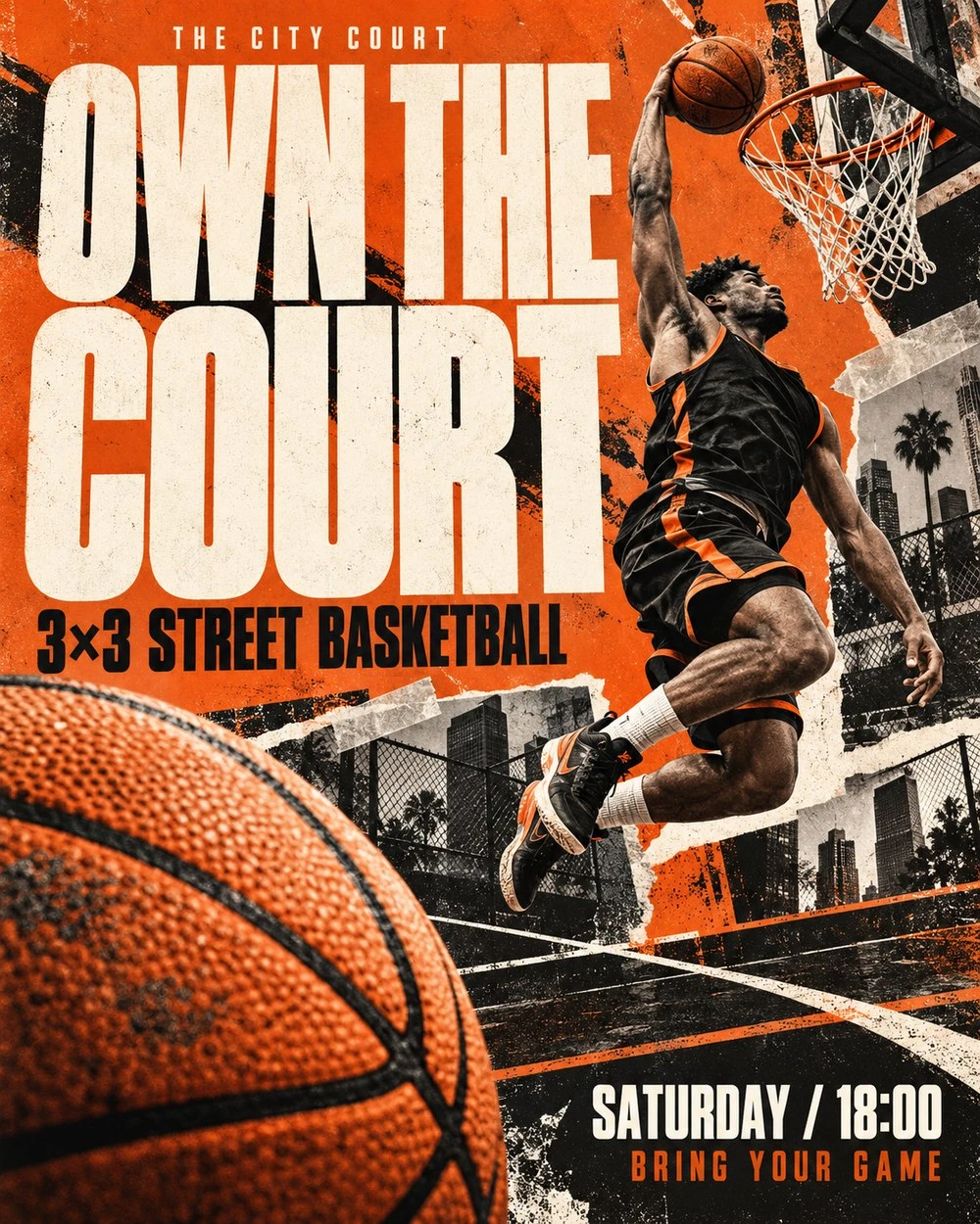 Poster for a street basketball tournament: orange and black collage with a dunking player, headline Own the court