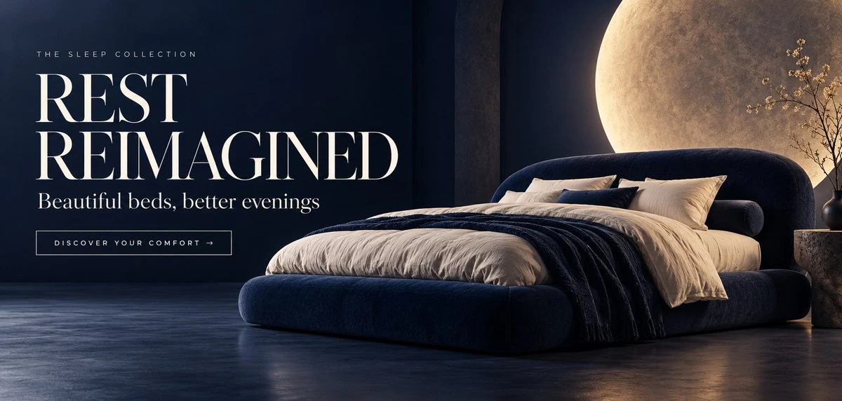 Wide banner for a bed collection: navy bed under a glowing moon, headline Rest reimagined
