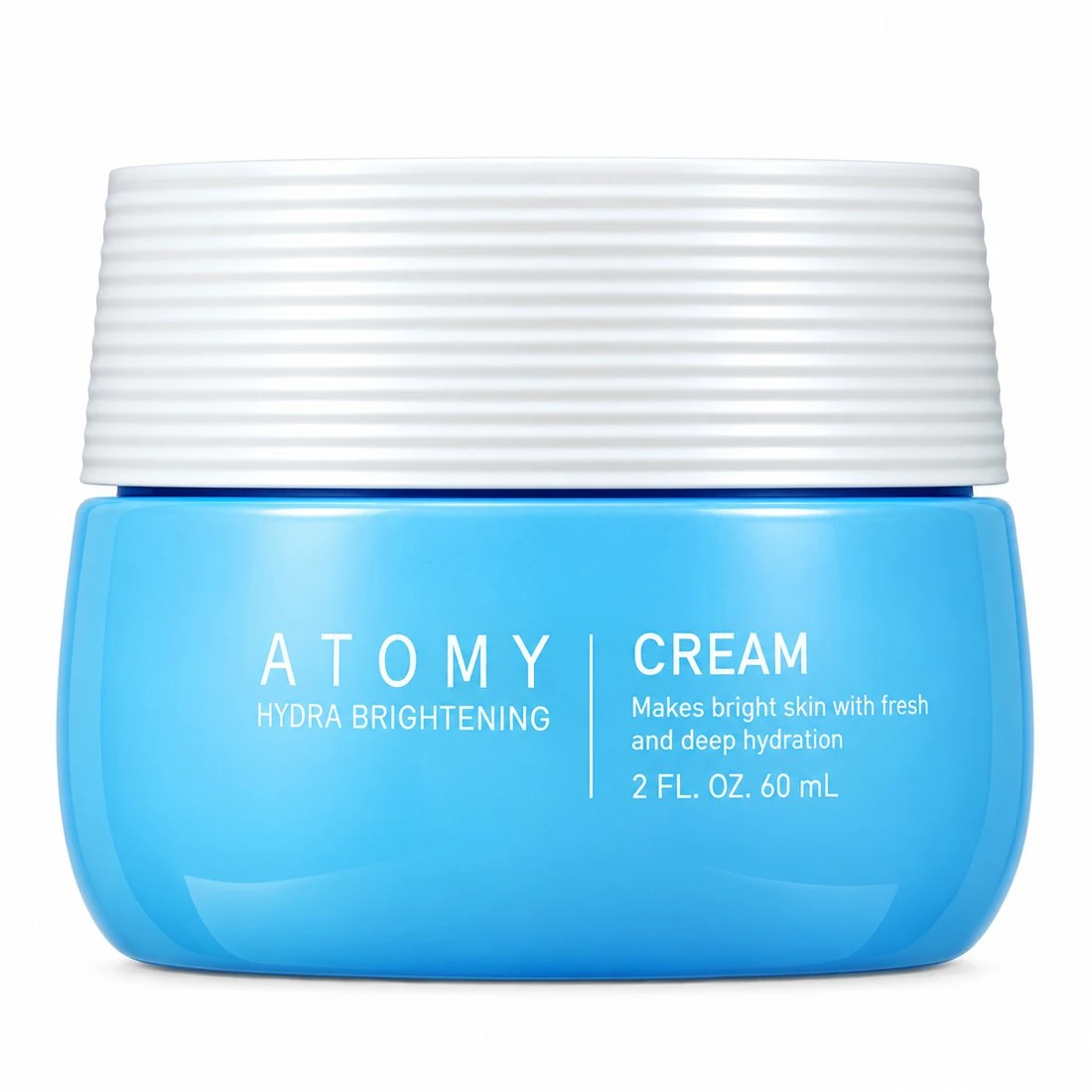 Product shot of a blue cream jar with a white ribbed lid on a white background