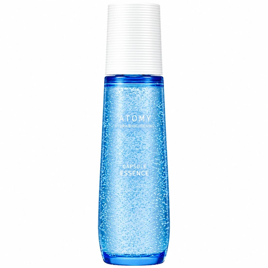 Product shot of a blue capsule essence bottle on a white background