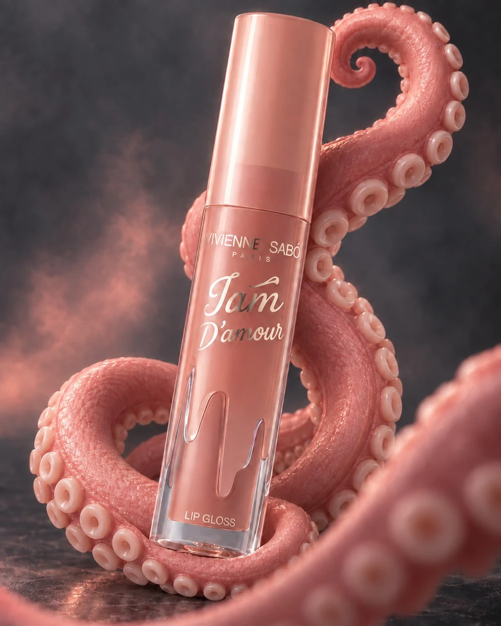 Nude lip gloss tube coiled by pink octopus tentacles against smoky dark background