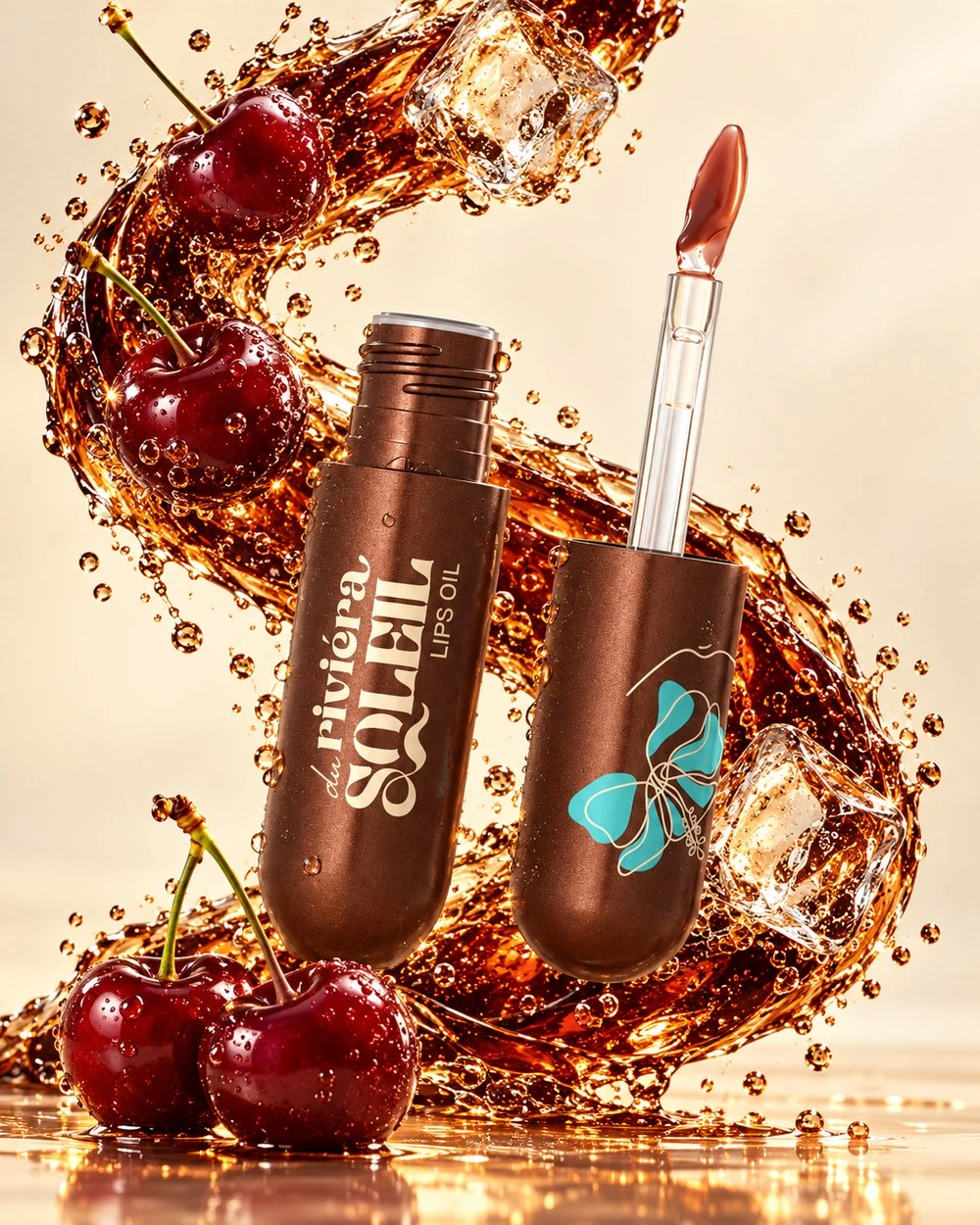 Lips oil in a brown capsule with an open applicator, a swirl of cola with ice cubes and cherries around it