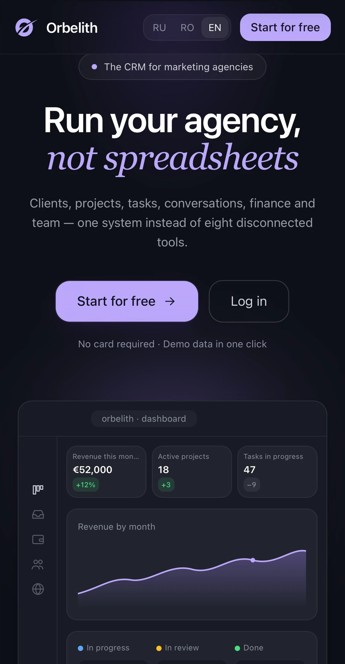 Orbelith landing page on a phone: dark theme, lilac accent, headline Run your agency, not spreadsheets, dashboard preview