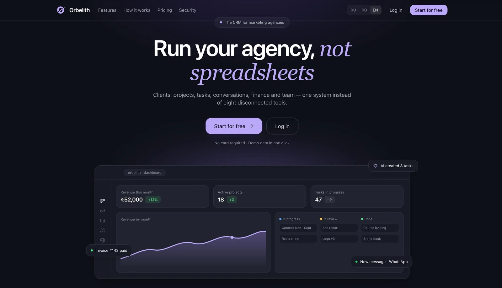 Orbelith landing page on desktop: dark theme, headline Run your agency, not spreadsheets, dashboard preview with revenue chart and task board