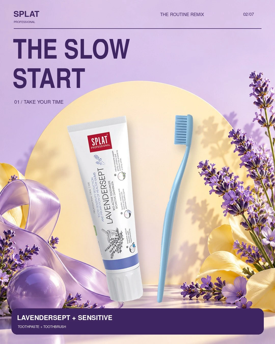 Slide 2 of 7: lavender toothpaste and blue toothbrush with lavender flowers, headline The slow start