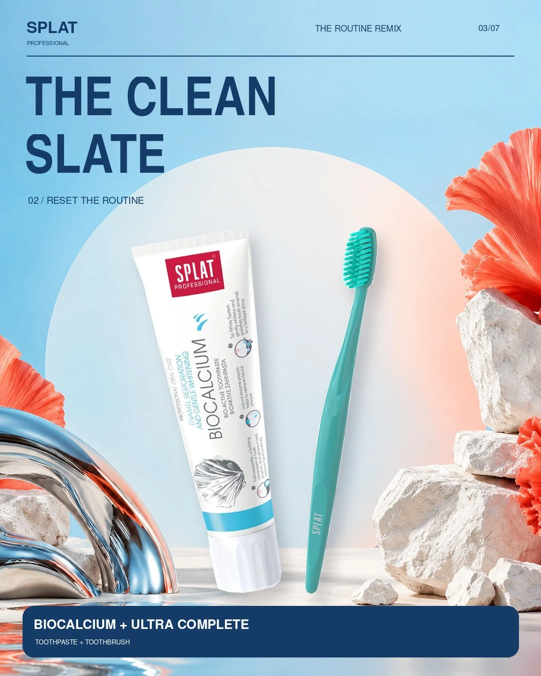 Slide 3 of 7: calcium toothpaste and teal toothbrush with coral and chrome shapes on blue, headline The clean slate