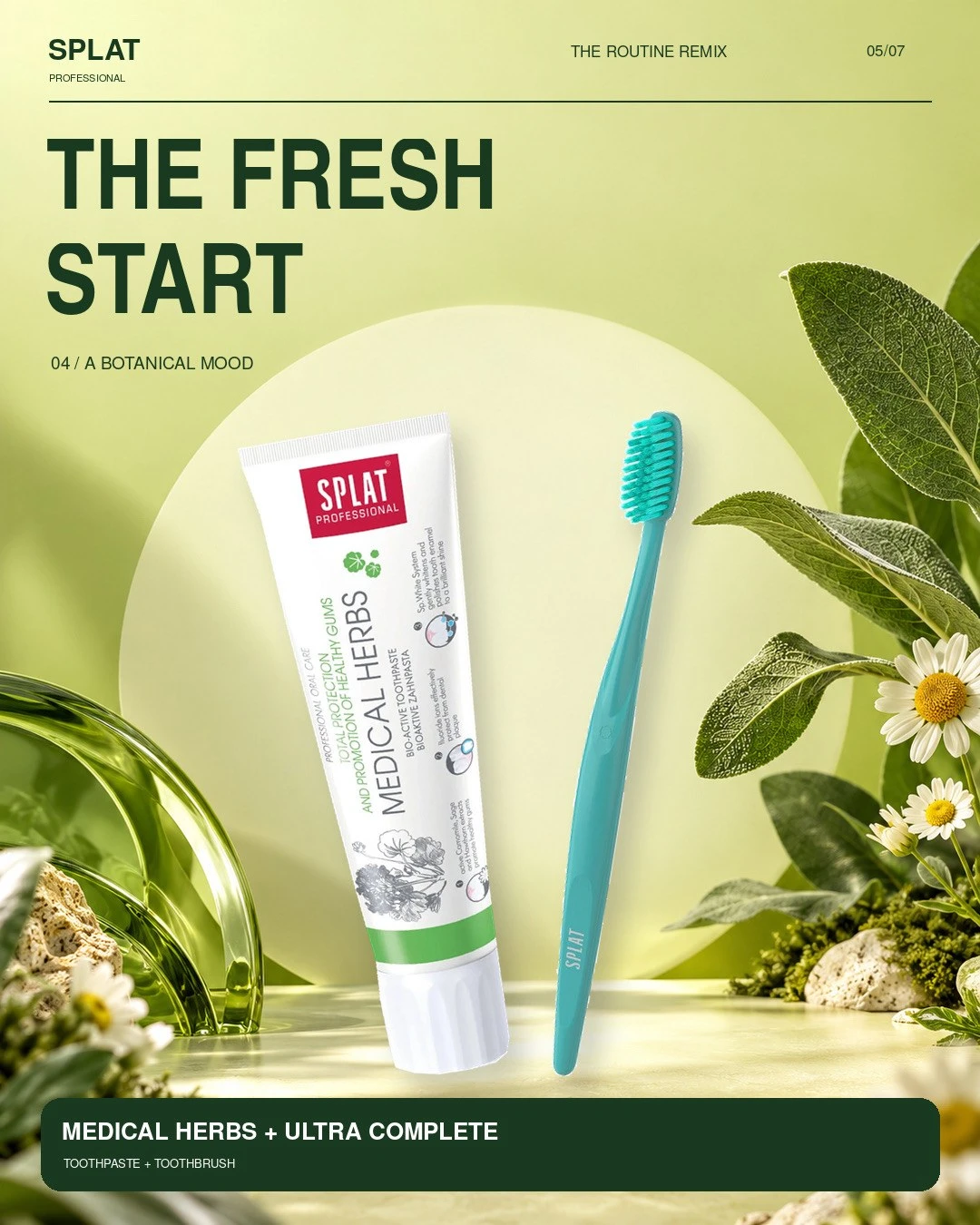 Slide 5 of 7: herbal toothpaste and teal toothbrush with sage leaves and chamomile, headline The fresh start