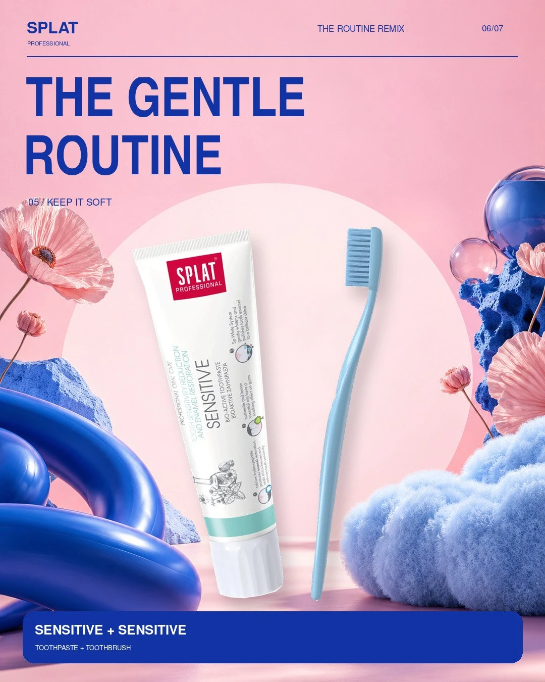 Slide 6 of 7: sensitive toothpaste and blue toothbrush with pink poppies and blue sculptural shapes, headline The gentle routine