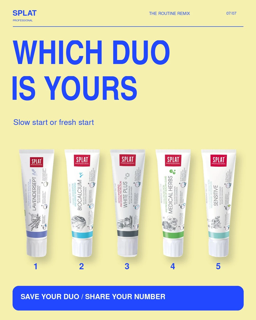 Slide 7 of 7: yellow background, five numbered toothpaste tubes, headline Which duo is yours