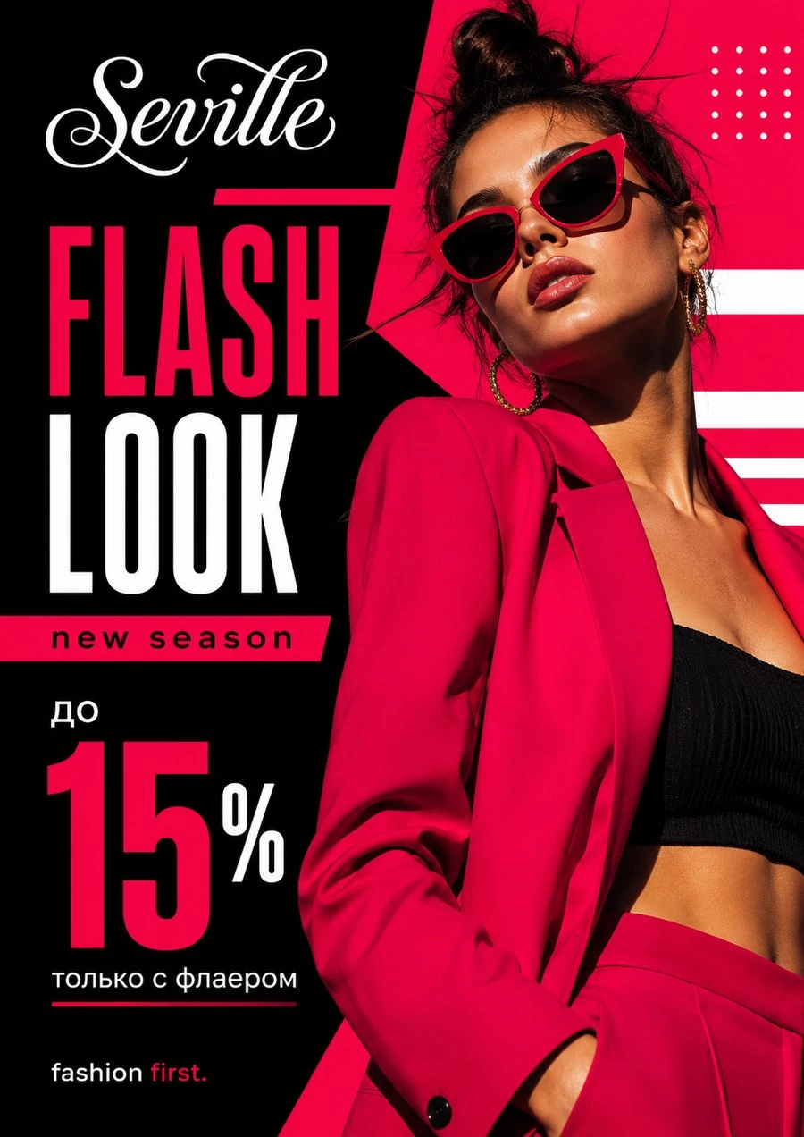 Fashion flyer with a woman in a red suit and red sunglasses on black, headline Flash look, up to 15 percent