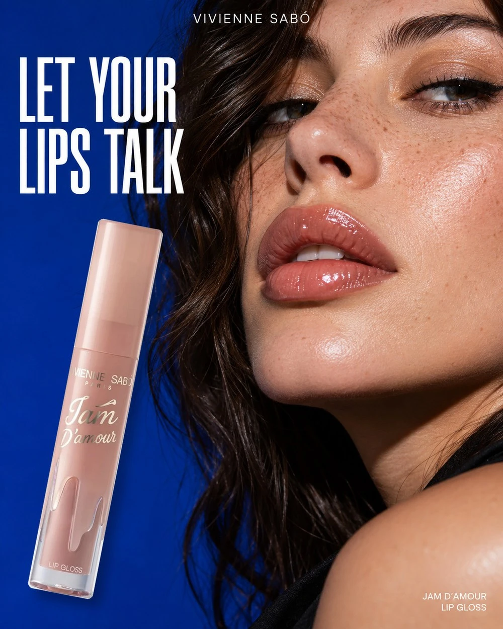 Lip gloss ad on cobalt blue: close-up of glossy lips beside a nude gloss tube, headline Let your lips talk