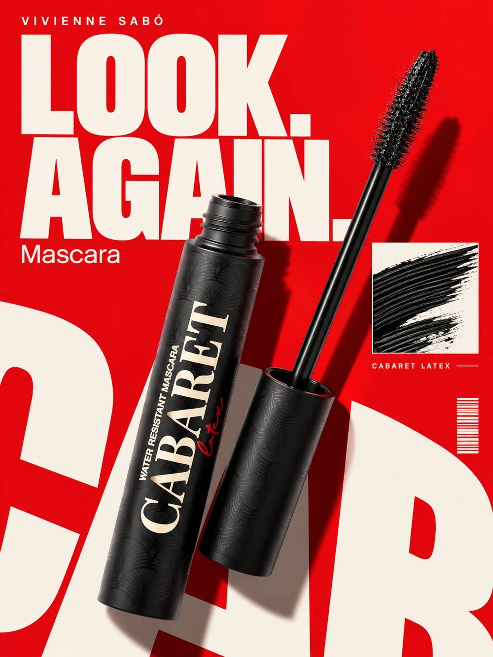 Ad for a black mascara on a red background with oversized cream lettering, headline Look again